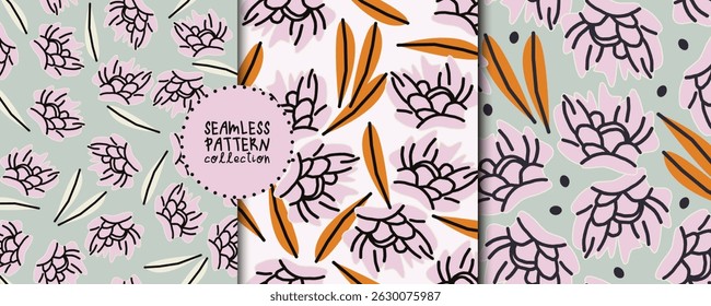 Set of seamless patterns with peonies and leaves in vector. Backgrounds, prints, design elements