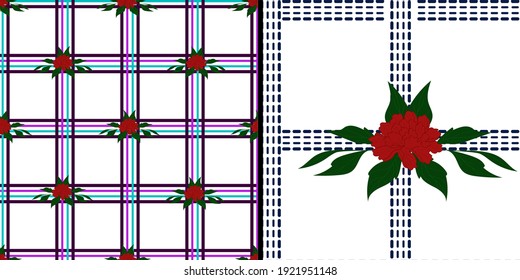Set of seamless patterns. Peony drawing, vertical and horizontal stripes. White isolate background. Vector illustration.