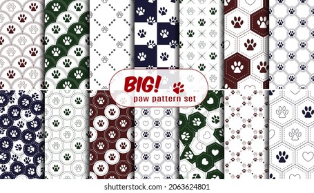 Set with seamless patterns with pet footprints, hearts. Vector. Good for decoration of wrap, goods for pets.