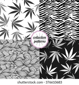 set  seamless patterns with pictures of  cannabis, zebra and braid. Pattern can be used for fabric design, wallpaper, wrapping papers.