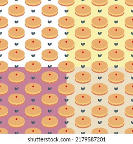 Set of seamless patterns with pie, cake with cherry on top. Exotic dessert with tea party. Ornament for decoration and printing on fabric. Design element. Vector
