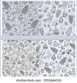 Set of seamless patterns with pine cones in the style of line art on a light background.