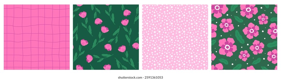Set of seamless patterns with pink anemone flowers. Hand drawn vector illustration for wrapping paper, textile, fabric.