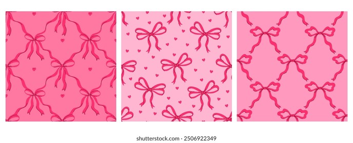 Set of seamless patterns with pink bows. Vector graphics.