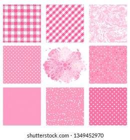 Set seamless patterns with pink color texture. Different polka dot, checkered pattern. Vector Abstract surface design.