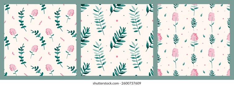 Set of seamless patterns with pink flowers on beige background. Design for printing on fabric, textile and wrapping. Beautiful summer and spring ornament for backdrops and wallpapers.