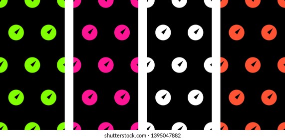 Set seamless patterns. Pink, purple, white and orange push buttons on the black background