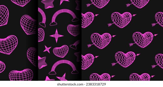 Set of seamless patterns with pink wireframe hearts, stars, rainbow with clouds on black background. Cyberpunk style texture with geometry grid. Y2K retro wave. 2000s psychedelic rave style.