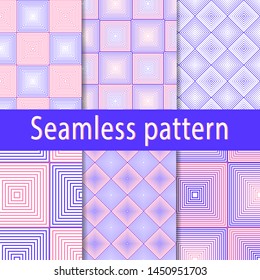 Set of seamless patterns of pink-blue squares and rhombuses with gradient. Vector