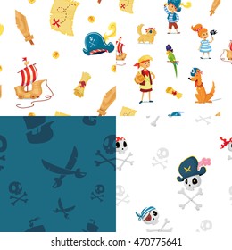 set of seamless patterns. pirate party vector illustration. kids and animals dressed like pirates. 