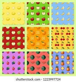 Set of seamless patterns with pixel fruits and berries. Background with apple, banana, watermelon, cherry and other. Old fashion 8 bit style