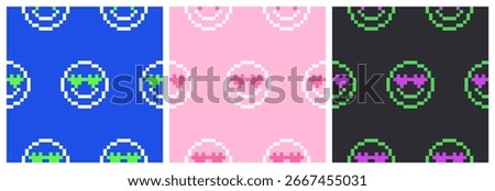 Set of seamless patterns with pixelated emoji for Valentine's Day. Romantic repeating backgrounds with 8-bit smiley. Prints in brutalism design, y2k aesthetics