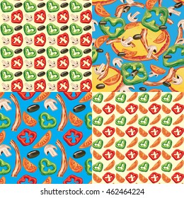 a set of seamless patterns with pizza bacon, olives, green and red bell pepper, mushrooms and tomatoes