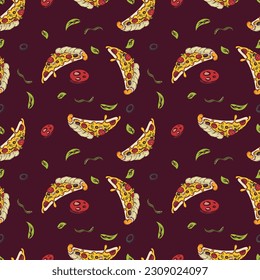 Set of seamless patterns of pizza slices with cheese, pepperoni, basil, mushroom, bell pepper and olives, ideal for food themed wallpapers and fabric prints