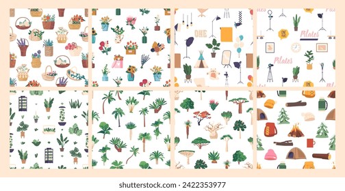 Conjunto de Patrones sin Marea con Plantas, Vibrantes Bouquets de Flores en Cestas y Cajas, Antiguos Árboles Prehistóricos