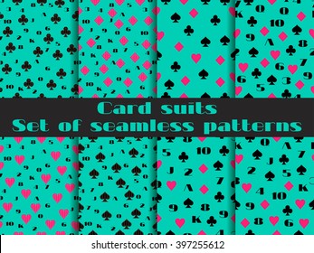 Set of seamless patterns with playing cards suits. Numerals cards. Vector.
