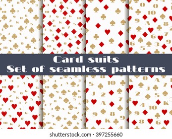 Set of seamless patterns with playing cards suits. Numerals cards. Vector.
