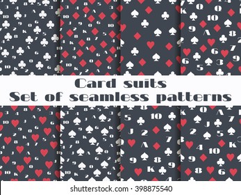 Set of seamless patterns with playing cards suits. Numerals cards. Vector.