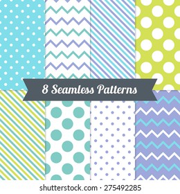 Set of Seamless Patterns with Polka Dot, Diagonal Lines and Chevron in Violet, Yellow, Blue, Turquoise and White. Perfect for wallpapers, pattern fills, background, textile, birthday and wedding cards