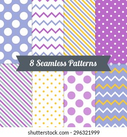 Set of Seamless Patterns with Polka Dot, Chevron and Diagonal Lines in Purple, Indigo, Amber, Blue Grey and White. Perfect for wallpaper, pattern fills, background, textile, birthday and wedding cards