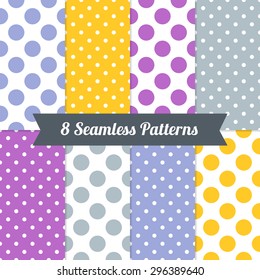 Set of Seamless Patterns with Polka Dot and Jumbo Polka Dot in Purple, Indigo, Amber, Blue Grey and White. Perfect for wallpapers, pattern fills, background, textile, birthday and wedding cards