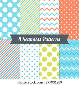 Set of Seamless Patterns with Polka Dot, Chevron and Diagonal Lines in Light Blue, Cyan, Lime, Orange and White. Perfect for wallpaper, pattern fills, background, textile, birthday and wedding cards