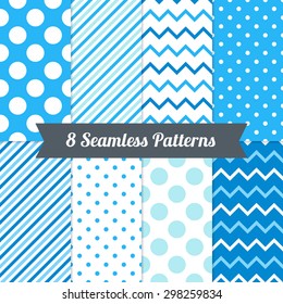 Set of Seamless Patterns with Polka Dot, Chevron and Diagonal Lines in Blue, Light Blue, Cyan and White. Perfect for wallpaper, pattern fill, background, textile, Christmas, birthday and wedding cards