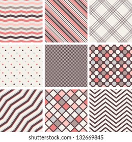 Set of seamless patterns. Polka dots, stripes, zigzag, cells and checkered. Vector repeating texture, Collection of geometric background