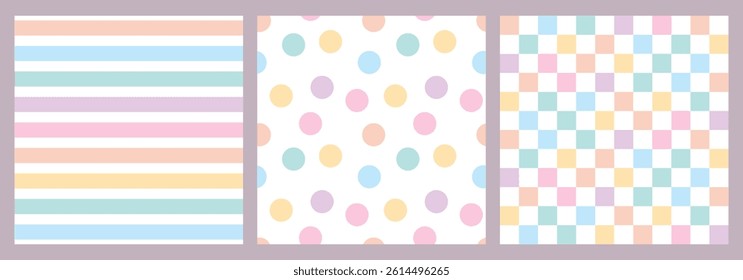 Set of seamless patterns with polka dots, stripes and checkerboard. Pastel backgrounds. Cute pastel colors for babies.
