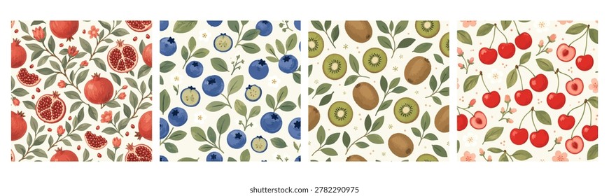 Set of seamless patterns with pomegranate, blueberry, kiwi and cherry fruits. Hand drawn botanical illustrations of summer berries and fruits.