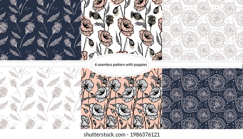 set of seamless patterns with poppy flowers, leaves, buds, background with stylized botanical elements, vector graphics