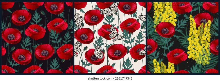 Set of seamless patterns with poppy flowers. Floral ornaments. Retro textile collection.