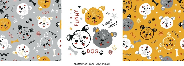 Set of Seamless Patterns and Poster with Cute Dogs. Childish Background with Little Puppy Faces. Vector Baby Funny Animal Heads Drawing for Tee Print for Kids. Yellow, Gray, White Color