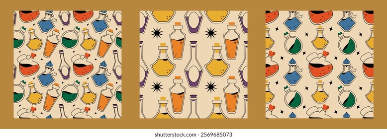 A set of seamless patterns with potions in retro style. 