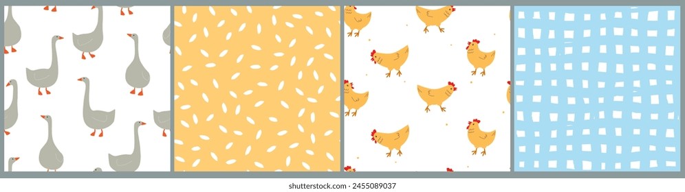 Set of seamless patterns with poultry, geese, chickens, abstract simple shapes, cage. Cute bird print. Vector graphics.
