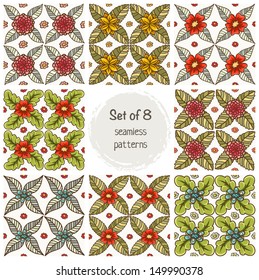 Set of seamless patterns. Pretty flowers with leaves in geometric style. Vector file is easy to change colors and edit. 