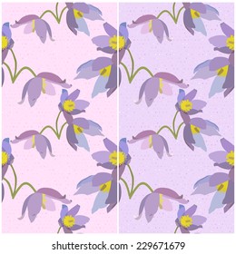 Set of seamless patterns with primroses on a pink and violet backgrounds. Vector eps 10.