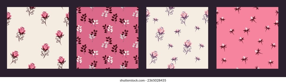 Set of seamless patterns print with vector hand drawn rose, rosas,rosebud Templates for design, fabric, interior decor, textile, wallpaper, fashion 