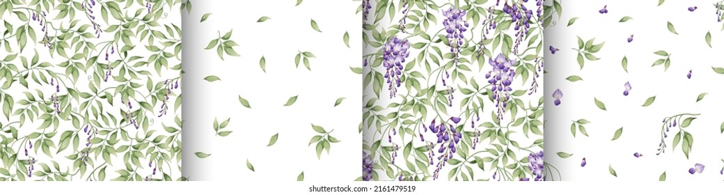 Set of seamless patterns with purple wisteria and green leaves on a white background. Texture in Asian style. Suitable for fabric, paper, textile, wallpaper svg