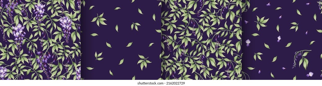Set of seamless patterns with purple wisteria and green leaves on a dark background. Texture in Asian style. Suitable for fabric, paper, textile, wallpaper svg