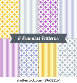 Set of Seamless Patterns with Quatrefoil and Stripes in Purple, Indigo, Amber, Blue Grey and White. Perfect for wallpapers, pattern fill, background, textile, birthday and wedding cards