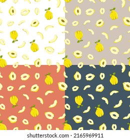 Set of seamless patterns with Quince fruit whole and cut in half. Exotic fruit. Ornament for decoration and printing on fabric. Design element. Vector