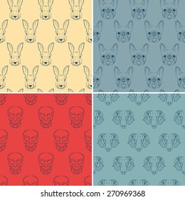 Set of seamless patterns with rabbit, French bulldog, sheep and skull.