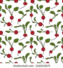 Un conjunto de patrones sin fisuras de rábanos, hojas y verduras, 1000x1000 píxeles, versión de color. Gráficos vectoriales.