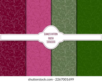 A set of seamless patterns of radishes. Line drawing. linear, outline only 1000x1000, vector graphics. EPS10