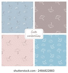 Set of seamless patterns with rain, umbrellas and clouds, autumn background.