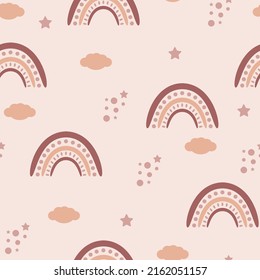 Set of seamless patterns with rainbow, clouds and stars in beige