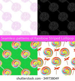 Set of seamless patterns with rainbow striped lollipop, on white and colorful backgrounds 