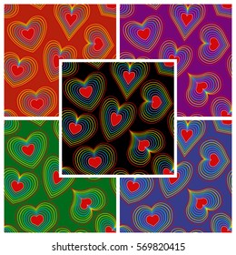 Set of seamless patterns with rainbows hearts on a different backgrounds. Vector eps 10. 