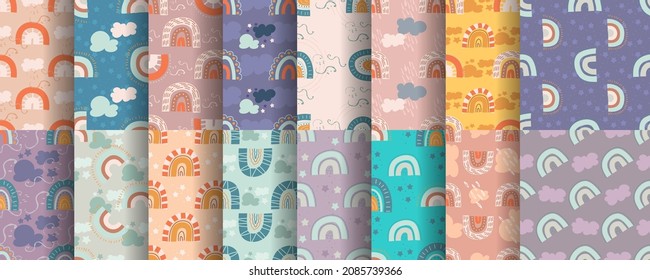 Set of seamless patterns with rainbows in organic handdrawn style.Rainbows, clouds and stars in a set for children's textiles. Vector illustration in flat style